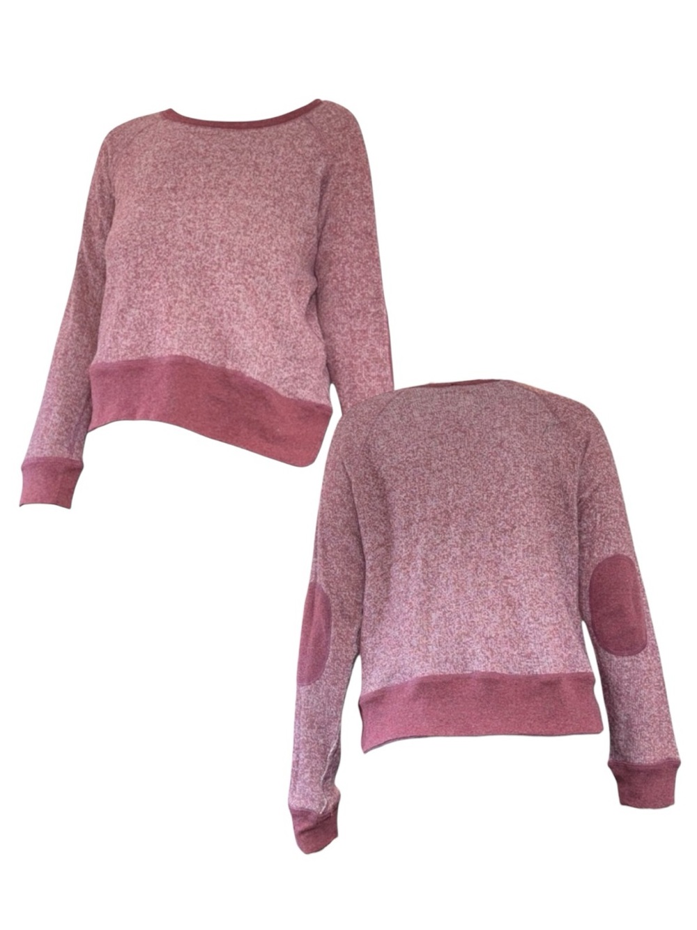 Zara Marled Rose Crewneck Sweater with Contrast Hem and Padded Elbows